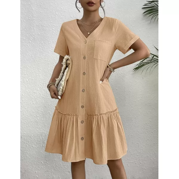 HOTOUCH Women Button Down Dress Loose Summer Cotton Linen Dress Ruffle Hem Casual Dress Short Sleeve Tunic DressCamel