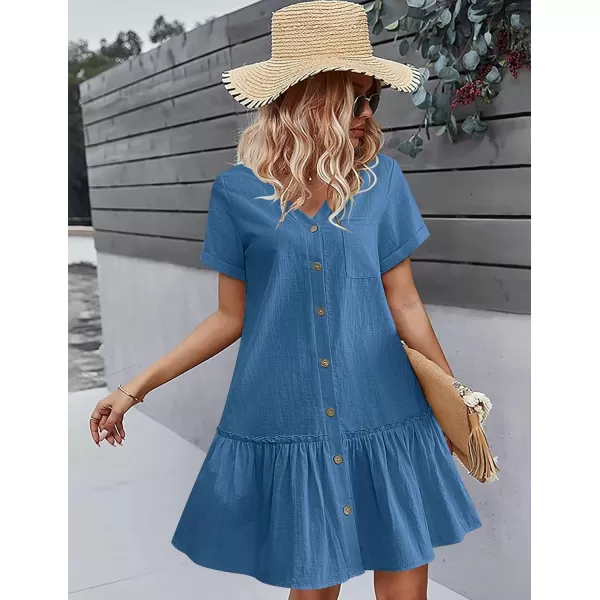 HOTOUCH Women Button Down Dress Loose Summer Cotton Linen Dress Ruffle Hem Casual Dress Short Sleeve Tunic DressDeep Blue