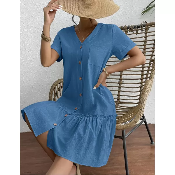 HOTOUCH Women Button Down Dress Loose Summer Cotton Linen Dress Ruffle Hem Casual Dress Short Sleeve Tunic DressDeep Blue