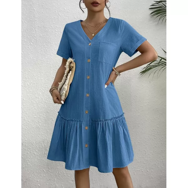 HOTOUCH Women Button Down Dress Loose Summer Cotton Linen Dress Ruffle Hem Casual Dress Short Sleeve Tunic DressDeep Blue