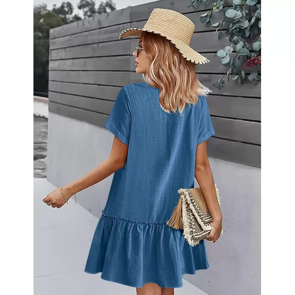 HOTOUCH Women Button Down Dress Loose Summer Cotton Linen Dress Ruffle Hem Casual Dress Short Sleeve Tunic DressDeep Blue