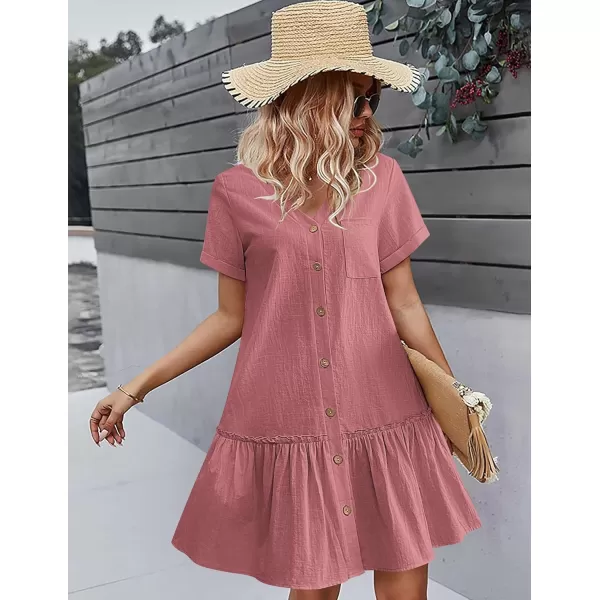 HOTOUCH Women Button Down Dress Loose Summer Cotton Linen Dress Ruffle Hem Casual Dress Short Sleeve Tunic DressDusty Pink