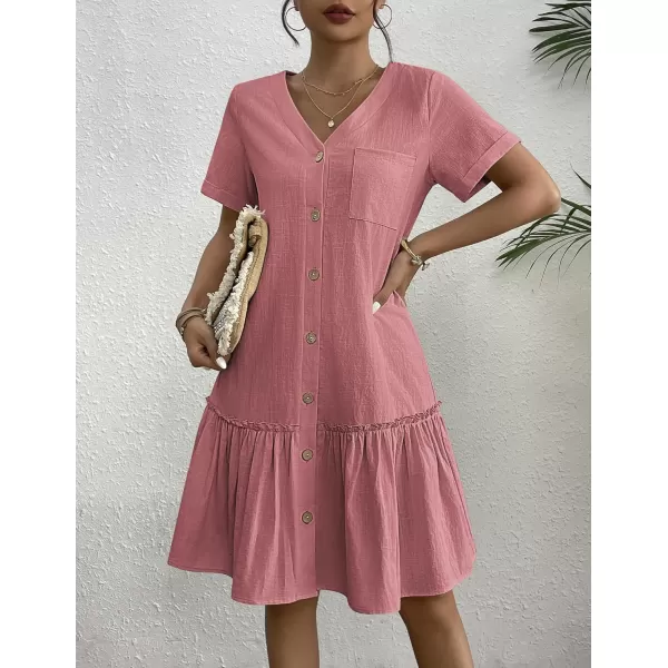 HOTOUCH Women Button Down Dress Loose Summer Cotton Linen Dress Ruffle Hem Casual Dress Short Sleeve Tunic DressDusty Pink