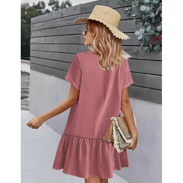 HOTOUCH Women Button Down Dress Loose Summer Cotton Linen Dress Ruffle Hem Casual Dress Short Sleeve Tunic DressDusty Pink