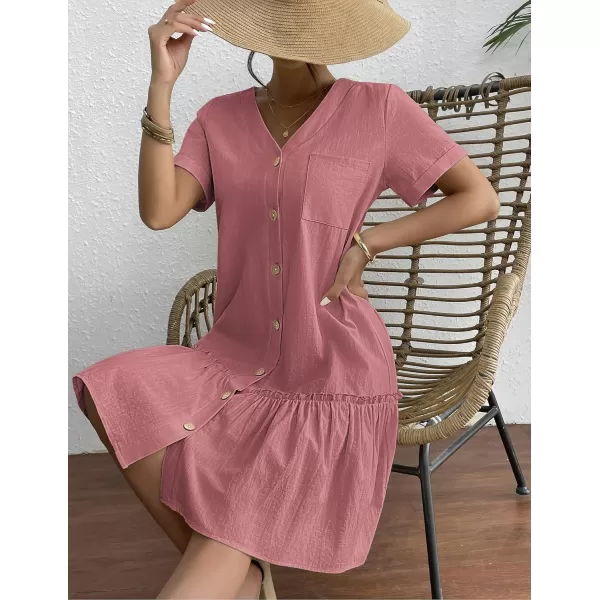 HOTOUCH Women Button Down Dress Loose Summer Cotton Linen Dress Ruffle Hem Casual Dress Short Sleeve Tunic DressDusty Pink