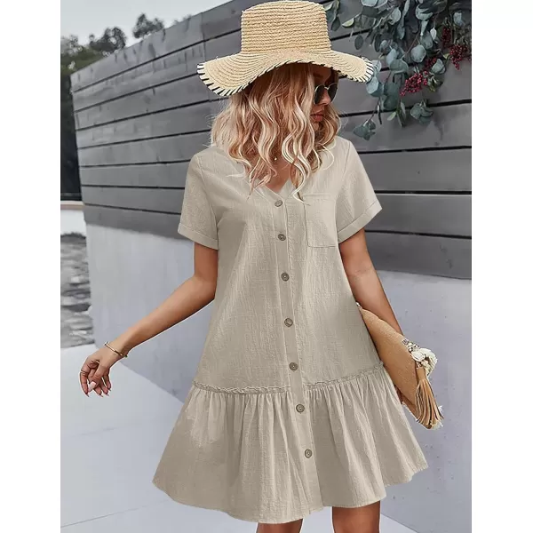 HOTOUCH Women Button Down Dress Loose Summer Cotton Linen Dress Ruffle Hem Casual Dress Short Sleeve Tunic DressKhaki Grey