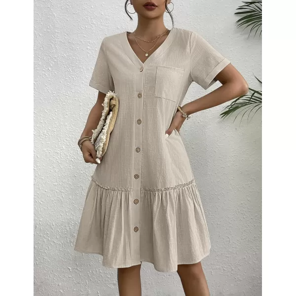 HOTOUCH Women Button Down Dress Loose Summer Cotton Linen Dress Ruffle Hem Casual Dress Short Sleeve Tunic DressKhaki Grey