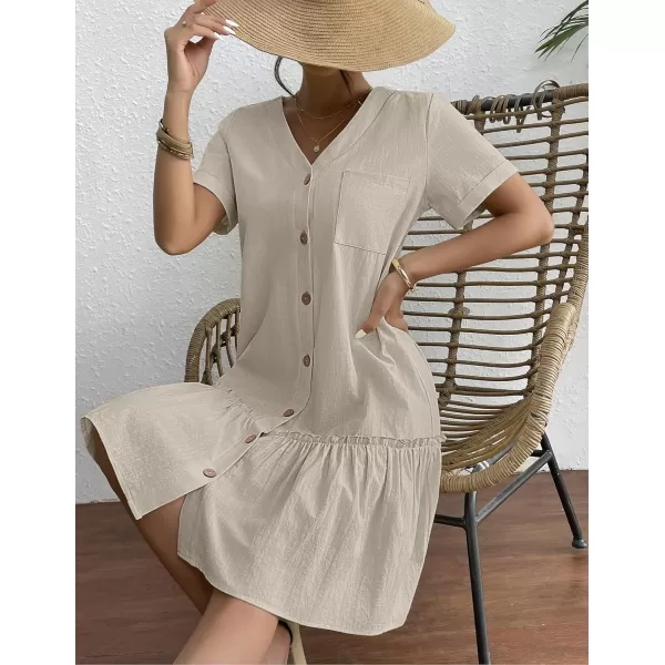 HOTOUCH Women Button Down Dress Loose Summer Cotton Linen Dress Ruffle Hem Casual Dress Short Sleeve Tunic DressKhaki Grey