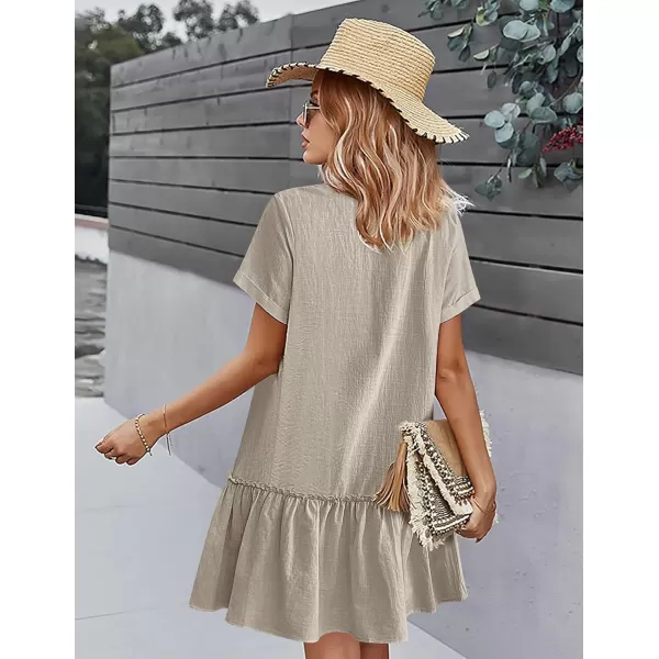 HOTOUCH Women Button Down Dress Loose Summer Cotton Linen Dress Ruffle Hem Casual Dress Short Sleeve Tunic DressKhaki Grey