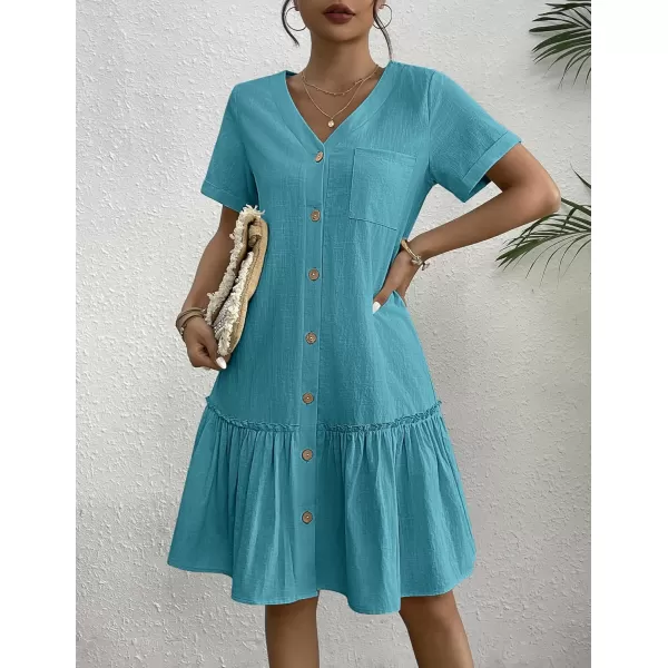 HOTOUCH Women Button Down Dress Loose Summer Cotton Linen Dress Ruffle Hem Casual Dress Short Sleeve Tunic DressLake