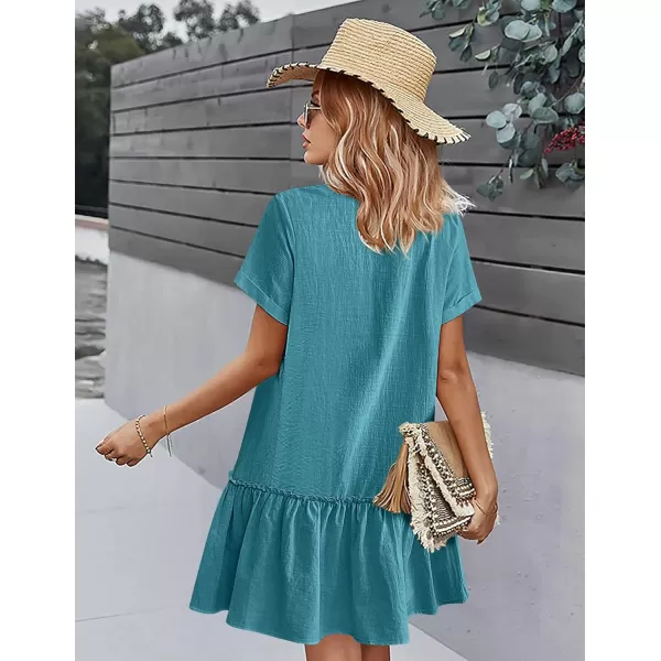 HOTOUCH Women Button Down Dress Loose Summer Cotton Linen Dress Ruffle Hem Casual Dress Short Sleeve Tunic DressLake