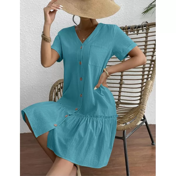 HOTOUCH Women Button Down Dress Loose Summer Cotton Linen Dress Ruffle Hem Casual Dress Short Sleeve Tunic DressLake