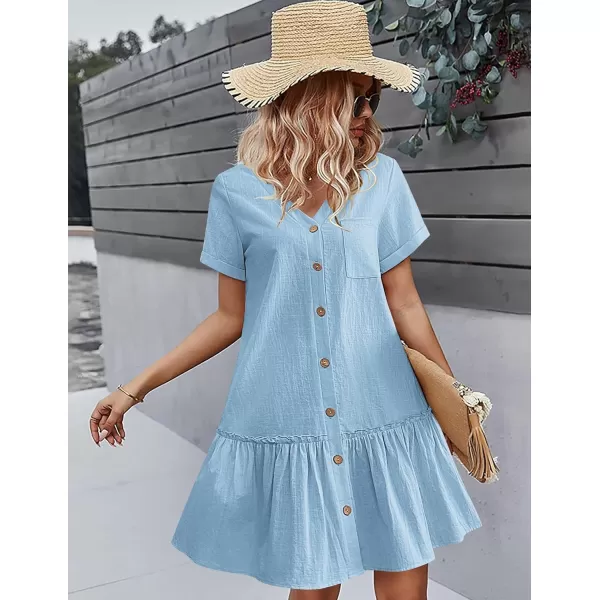 HOTOUCH Women Button Down Dress Loose Summer Cotton Linen Dress Ruffle Hem Casual Dress Short Sleeve Tunic DressLight Blue