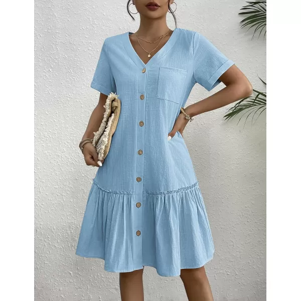 HOTOUCH Women Button Down Dress Loose Summer Cotton Linen Dress Ruffle Hem Casual Dress Short Sleeve Tunic DressLight Blue