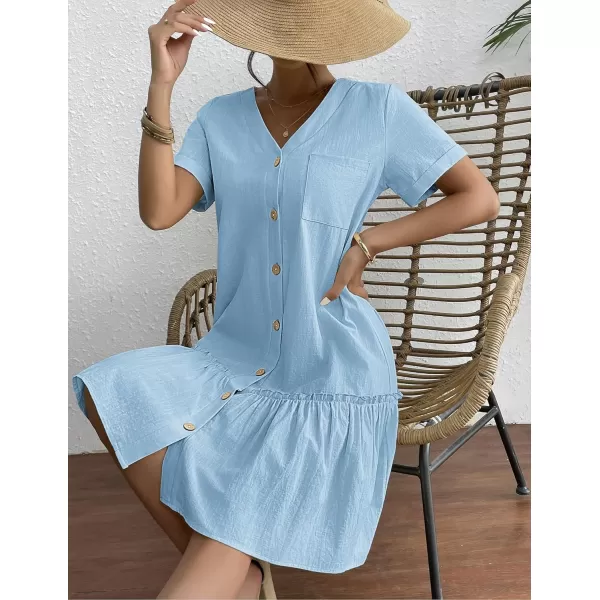 HOTOUCH Women Button Down Dress Loose Summer Cotton Linen Dress Ruffle Hem Casual Dress Short Sleeve Tunic DressLight Blue