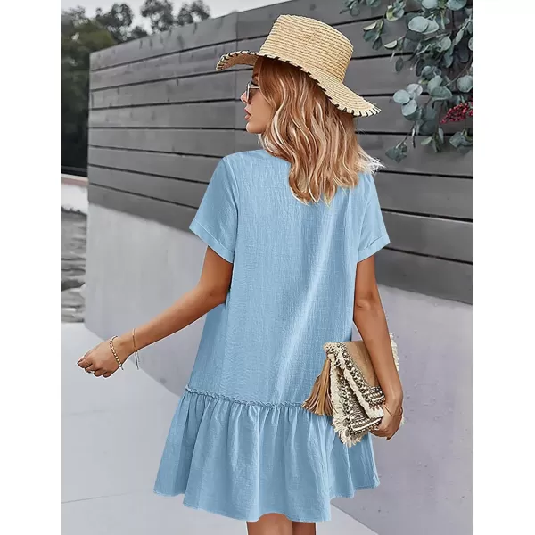 HOTOUCH Women Button Down Dress Loose Summer Cotton Linen Dress Ruffle Hem Casual Dress Short Sleeve Tunic DressLight Blue