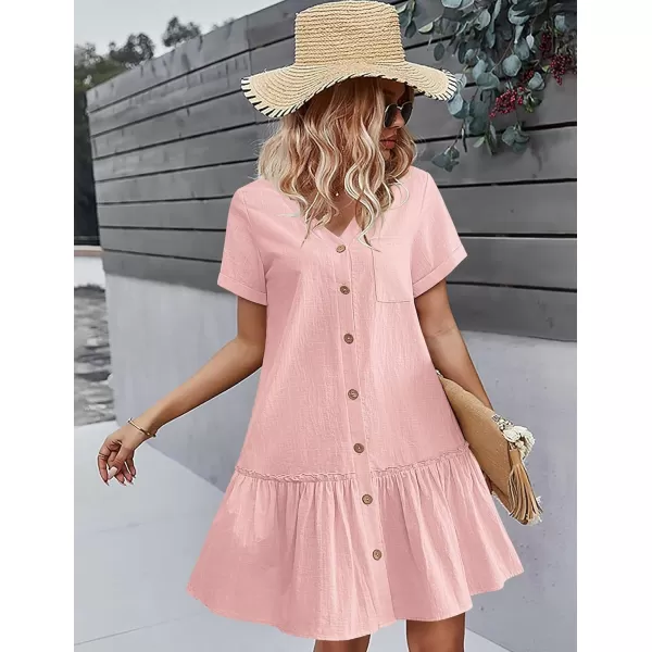 HOTOUCH Women Button Down Dress Loose Summer Cotton Linen Dress Ruffle Hem Casual Dress Short Sleeve Tunic DressLight Pink