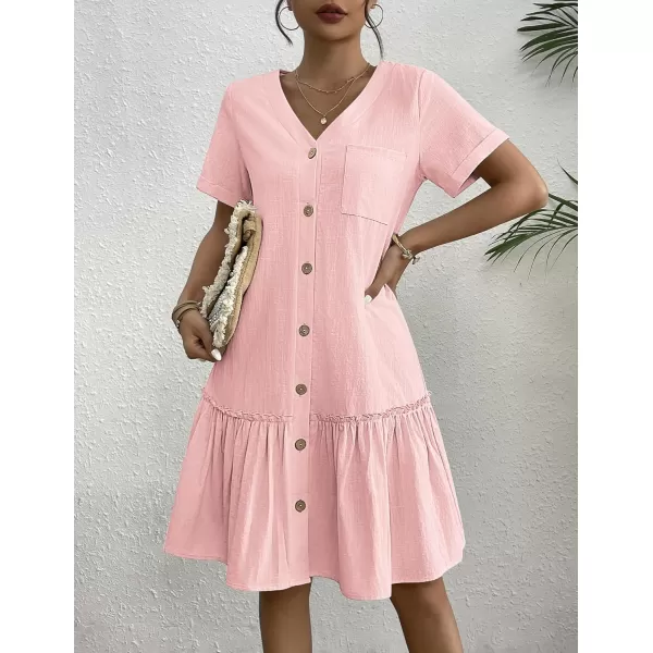 HOTOUCH Women Button Down Dress Loose Summer Cotton Linen Dress Ruffle Hem Casual Dress Short Sleeve Tunic DressLight Pink