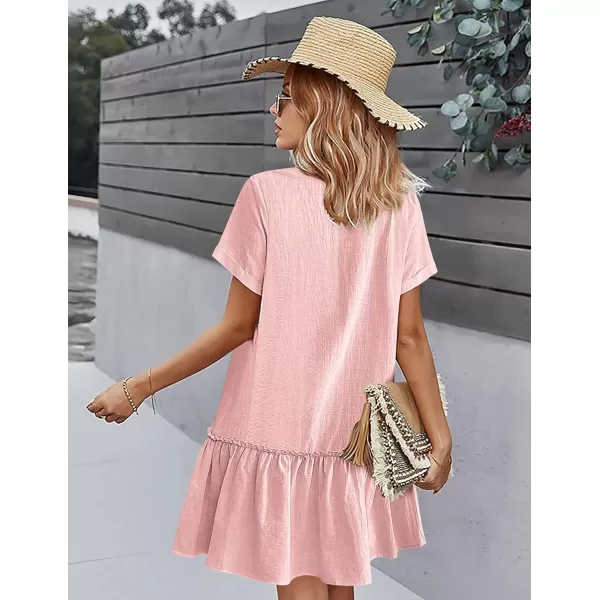 HOTOUCH Women Button Down Dress Loose Summer Cotton Linen Dress Ruffle Hem Casual Dress Short Sleeve Tunic DressLight Pink