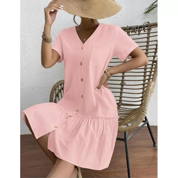 HOTOUCH Women Button Down Dress Loose Summer Cotton Linen Dress Ruffle Hem Casual Dress Short Sleeve Tunic DressLight Pink