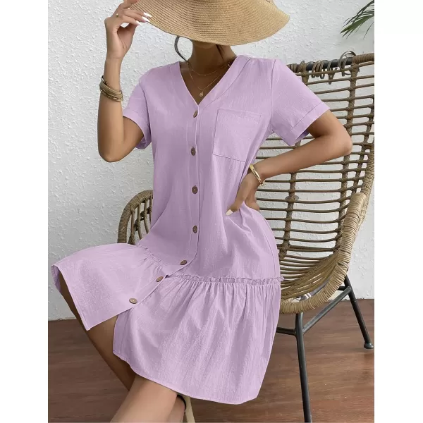 HOTOUCH Women Button Down Dress Loose Summer Cotton Linen Dress Ruffle Hem Casual Dress Short Sleeve Tunic DressLilac