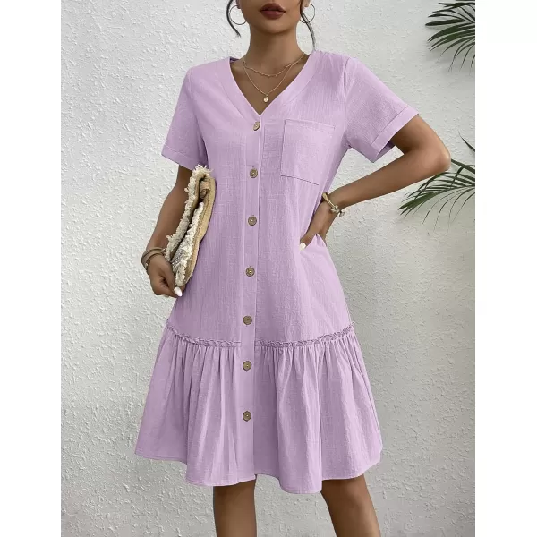 HOTOUCH Women Button Down Dress Loose Summer Cotton Linen Dress Ruffle Hem Casual Dress Short Sleeve Tunic DressLilac