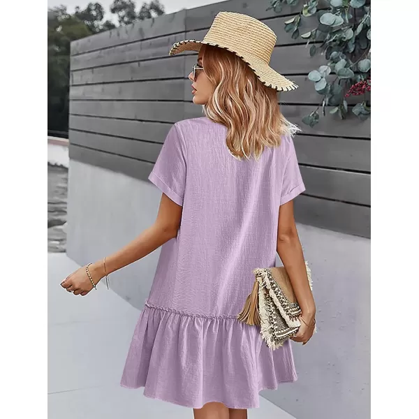 HOTOUCH Women Button Down Dress Loose Summer Cotton Linen Dress Ruffle Hem Casual Dress Short Sleeve Tunic DressLilac