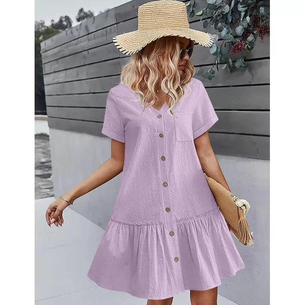 HOTOUCH Women Button Down Dress Loose Summer Cotton Linen Dress Ruffle Hem Casual Dress Short Sleeve Tunic DressLilac