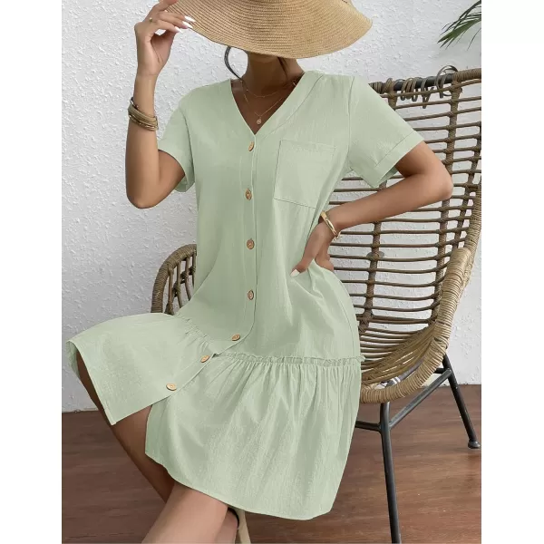 HOTOUCH Women Button Down Dress Loose Summer Cotton Linen Dress Ruffle Hem Casual Dress Short Sleeve Tunic DressMint