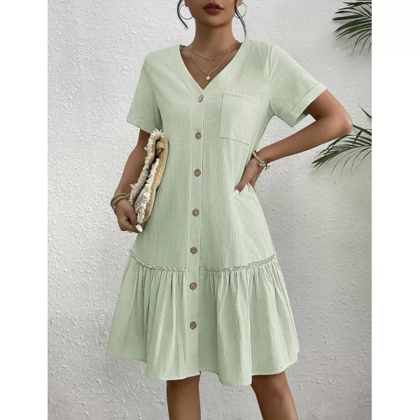 HOTOUCH Women Button Down Dress Loose Summer Cotton Linen Dress Ruffle Hem Casual Dress Short Sleeve Tunic DressMint