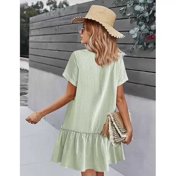 HOTOUCH Women Button Down Dress Loose Summer Cotton Linen Dress Ruffle Hem Casual Dress Short Sleeve Tunic DressMint