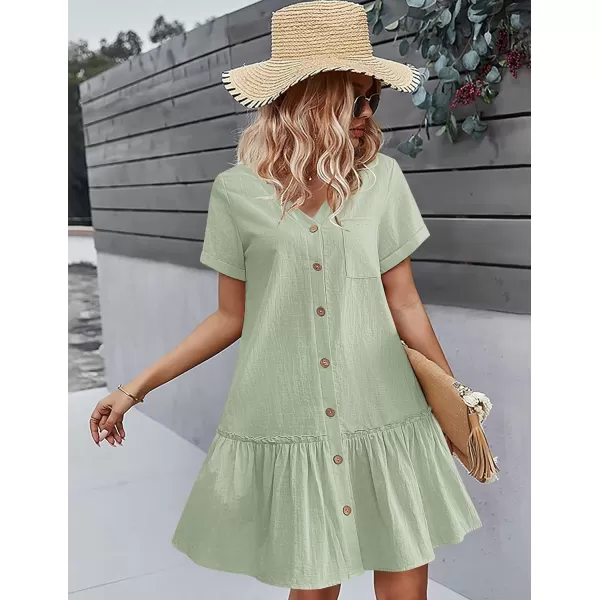 HOTOUCH Women Button Down Dress Loose Summer Cotton Linen Dress Ruffle Hem Casual Dress Short Sleeve Tunic DressMint