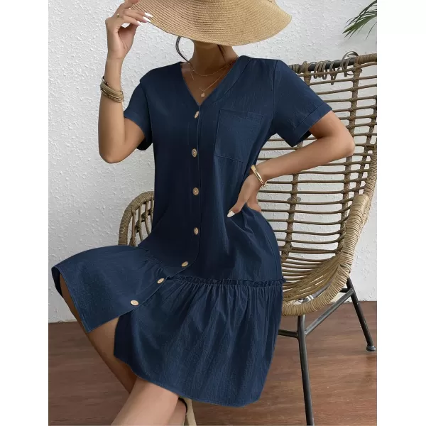 HOTOUCH Women Button Down Dress Loose Summer Cotton Linen Dress Ruffle Hem Casual Dress Short Sleeve Tunic DressNavy Blue