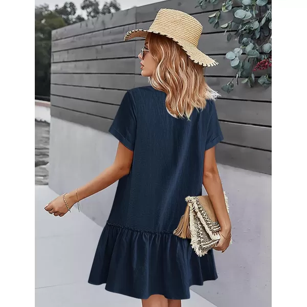 HOTOUCH Women Button Down Dress Loose Summer Cotton Linen Dress Ruffle Hem Casual Dress Short Sleeve Tunic DressNavy Blue