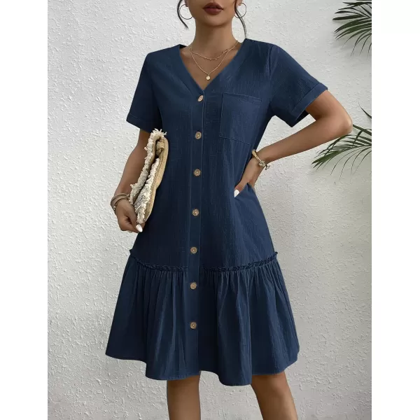 HOTOUCH Women Button Down Dress Loose Summer Cotton Linen Dress Ruffle Hem Casual Dress Short Sleeve Tunic DressNavy Blue