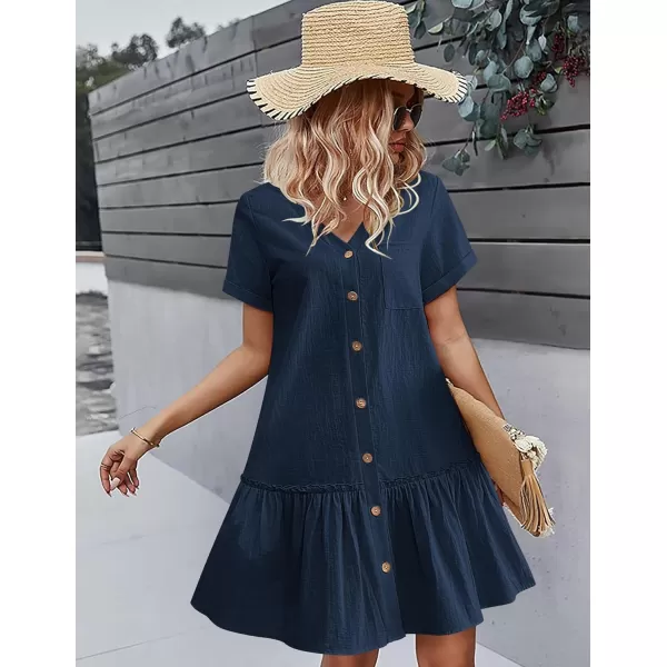 HOTOUCH Women Button Down Dress Loose Summer Cotton Linen Dress Ruffle Hem Casual Dress Short Sleeve Tunic DressNavy Blue