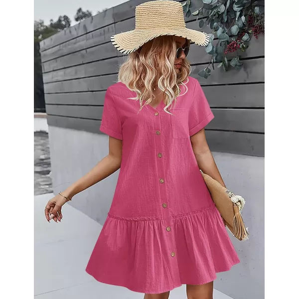 HOTOUCH Women Button Down Dress Loose Summer Cotton Linen Dress Ruffle Hem Casual Dress Short Sleeve Tunic DressRose Pink