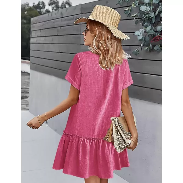 HOTOUCH Women Button Down Dress Loose Summer Cotton Linen Dress Ruffle Hem Casual Dress Short Sleeve Tunic DressRose Pink