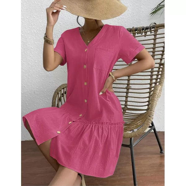 HOTOUCH Women Button Down Dress Loose Summer Cotton Linen Dress Ruffle Hem Casual Dress Short Sleeve Tunic DressRose Pink