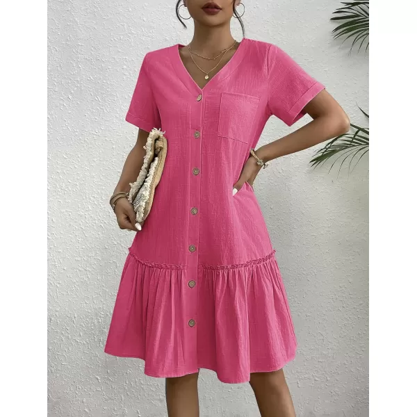 HOTOUCH Women Button Down Dress Loose Summer Cotton Linen Dress Ruffle Hem Casual Dress Short Sleeve Tunic DressRose Pink