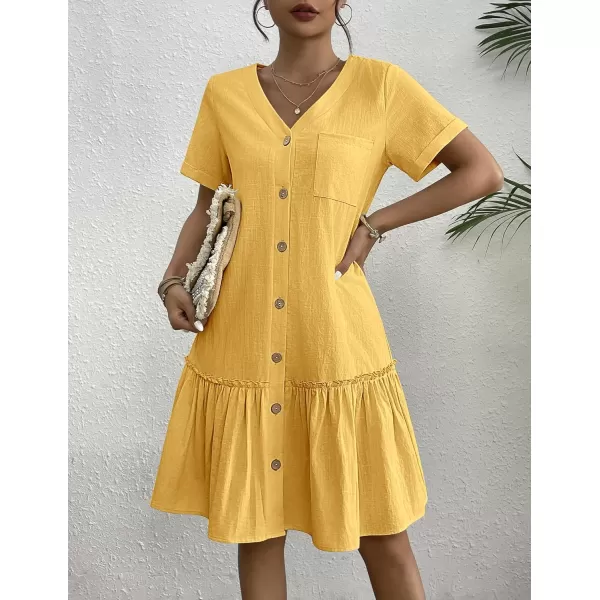 HOTOUCH Women Button Down Dress Loose Summer Cotton Linen Dress Ruffle Hem Casual Dress Short Sleeve Tunic DressYellow