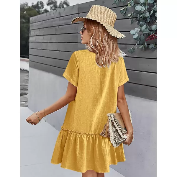 HOTOUCH Women Button Down Dress Loose Summer Cotton Linen Dress Ruffle Hem Casual Dress Short Sleeve Tunic DressYellow