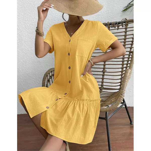 HOTOUCH Women Button Down Dress Loose Summer Cotton Linen Dress Ruffle Hem Casual Dress Short Sleeve Tunic DressYellow