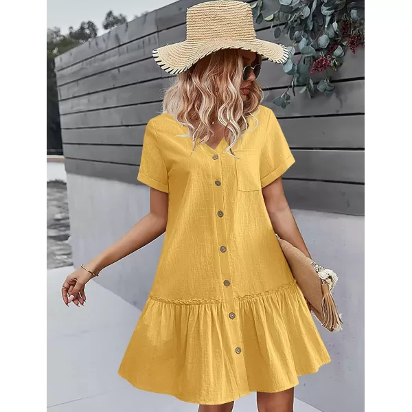 HOTOUCH Women Button Down Dress Loose Summer Cotton Linen Dress Ruffle Hem Casual Dress Short Sleeve Tunic DressYellow