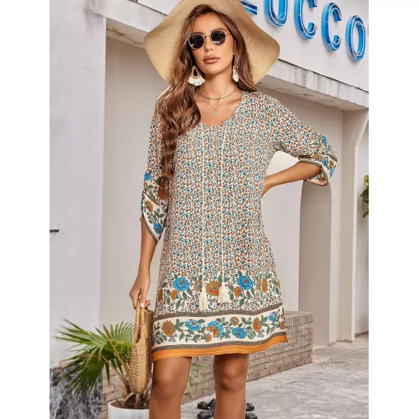 HOTOUCH Women Casual Summer Dress Boho Tassel Tie Neck Cover Up 34 Long Sleeve Short Floral Print Flowy Beach SundressesApricot