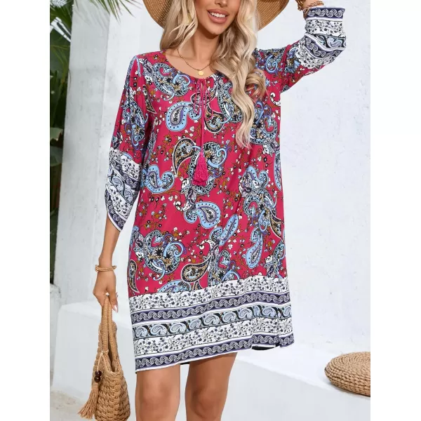 HOTOUCH Women Casual Summer Dress Boho Tassel Tie Neck Cover Up 34 Long Sleeve Short Floral Print Flowy Beach SundressesDark Red