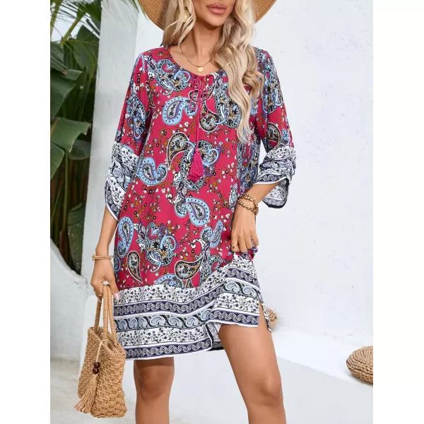 HOTOUCH Women Casual Summer Dress Boho Tassel Tie Neck Cover Up 34 Long Sleeve Short Floral Print Flowy Beach SundressesDark Red