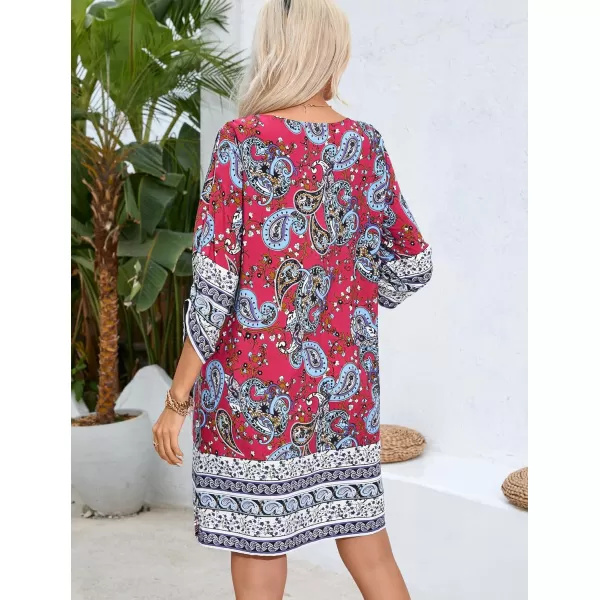 HOTOUCH Women Casual Summer Dress Boho Tassel Tie Neck Cover Up 34 Long Sleeve Short Floral Print Flowy Beach SundressesDark Red