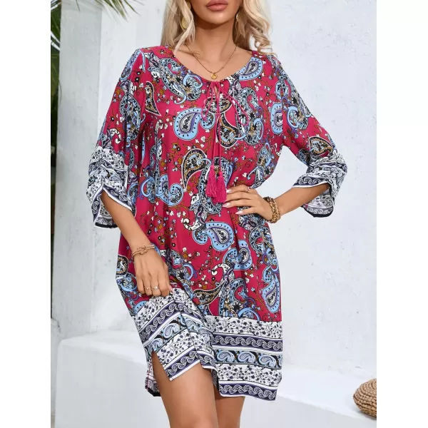 HOTOUCH Women Casual Summer Dress Boho Tassel Tie Neck Cover Up 34 Long Sleeve Short Floral Print Flowy Beach SundressesDark Red