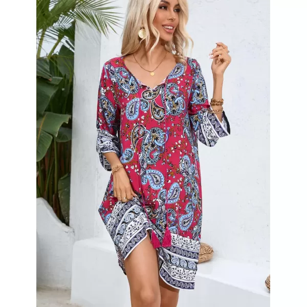 HOTOUCH Women Casual Summer Dress Boho Tassel Tie Neck Cover Up 34 Long Sleeve Short Floral Print Flowy Beach SundressesDark Red